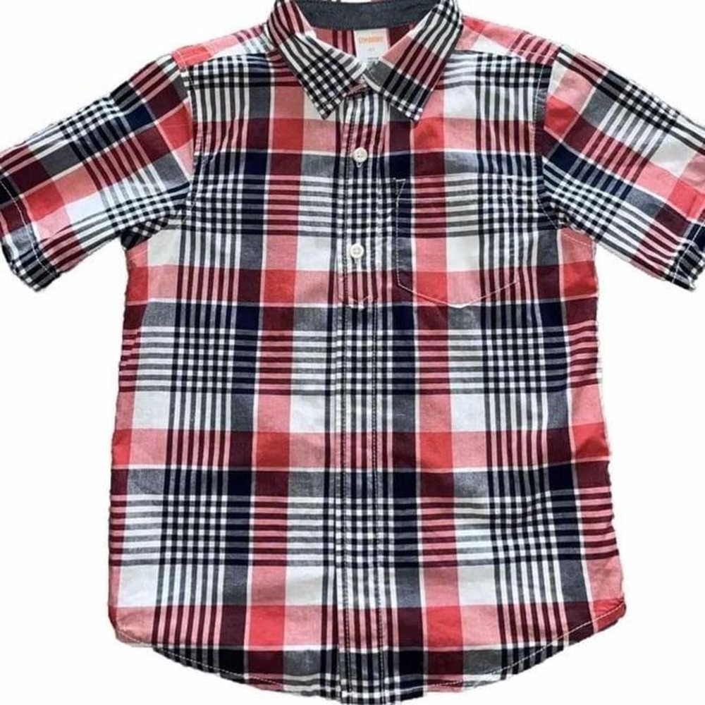 Gymboree Boys Red White Navy Plaid Short Sleeve 1/4 Button Up Shirt Size 5T EUC